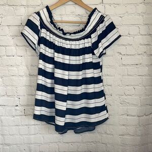 Hailey & Co Navy Blue and White Striped Cold Shoulder Short Sleeve Blouse Rayon